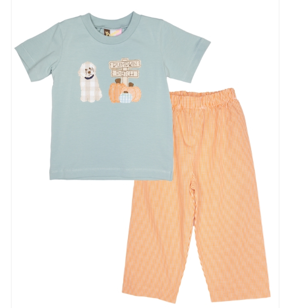 Kids Pajamas Set with Dog and Pumpkin Design - Blue and Orange